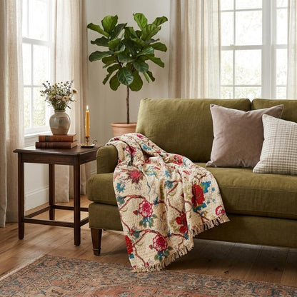 50" X 70" Green and Pink Kantha Cotton Abstract Throw Blanket with Embroidery