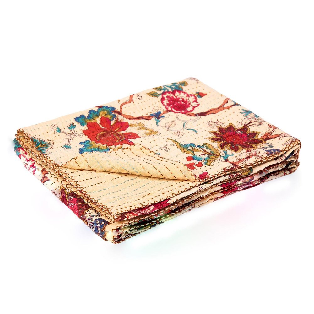 50" X 70" Green and Pink Kantha Cotton Abstract Throw Blanket with Embroidery
