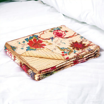 50" X 70" Yellow and Red Kantha Cotton Floral Throw Blanket with Embroidery