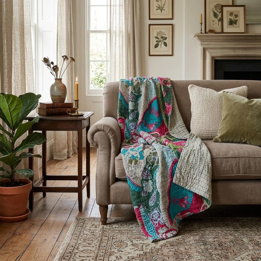 50" X 70" Green and Pink Kantha Cotton Abstract Throw Blanket with Embroidery