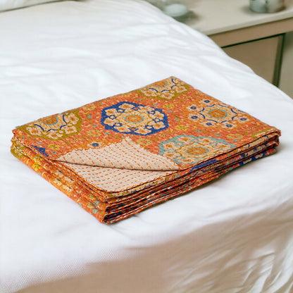 50" X 70" Orange and Blue Kantha Cotton Floral Throw Blanket with Embroidery