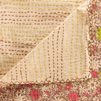 50" X 70" Orange Blue and Yellow Cotton Kantha Patchwork with Embroidery