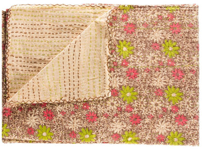 50" X 70" Maroon Yellow and Green Kantha Cotton Floral Throw Blanket with Embroidery
