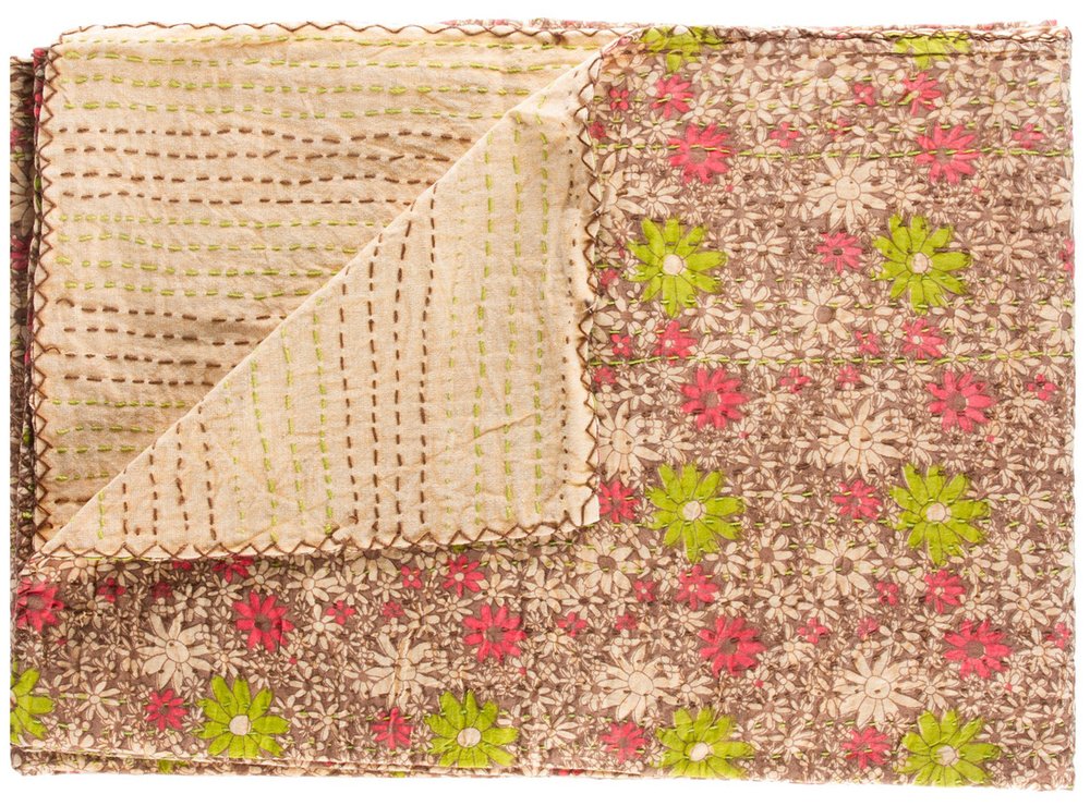 50" X 70" Maroon Yellow and Green Kantha Cotton Floral Throw Blanket with Embroidery