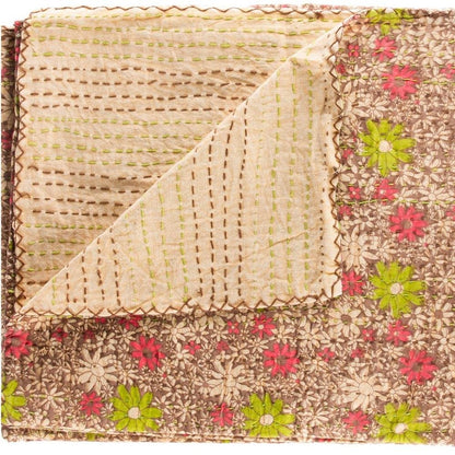 50" X 70" Orange Blue and Yellow Cotton Kantha Patchwork with Embroidery