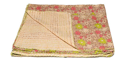 50" X 70" Orange Blue and Yellow Cotton Kantha Patchwork with Embroidery