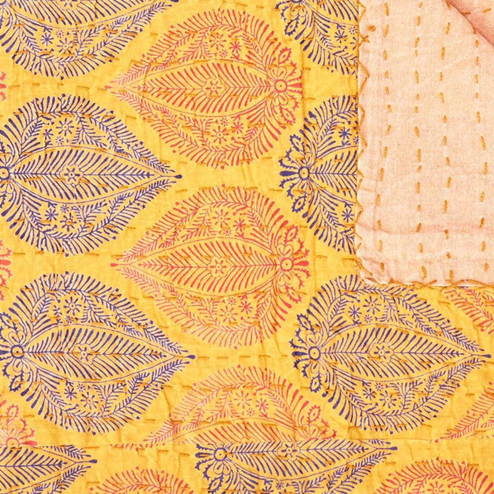50" X 70" Green and Brown Kantha Cotton Floral Throw Blanket with Embroidery