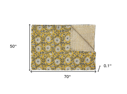 50" X 70" Yellow and Gray Kantha Cotton Floral Throw Blanket