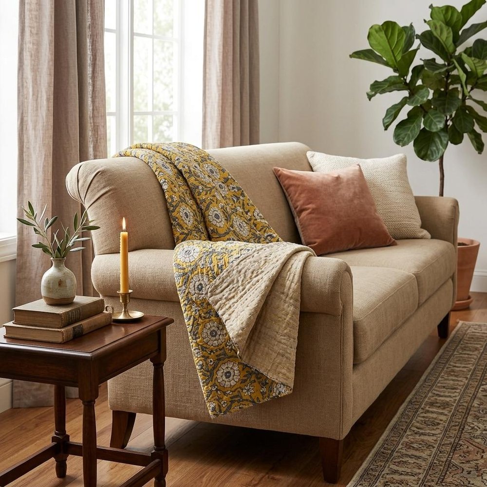 50" X 70" Yellow and Gray Kantha Cotton Floral Throw Blanket