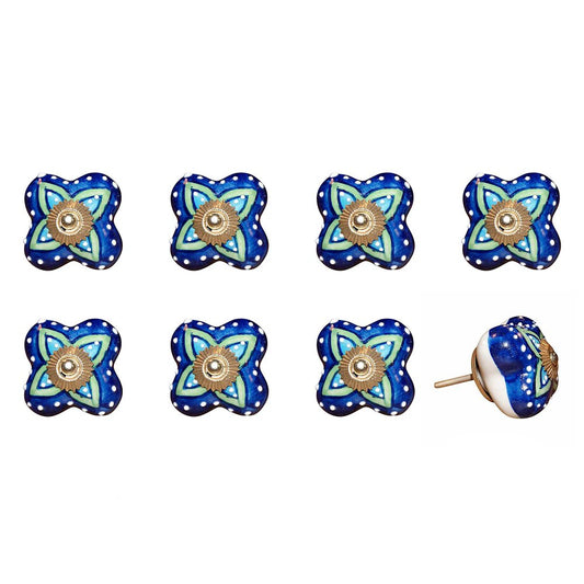 Set of Eight Blue And Green Floral Ceramic Drawer Pull Knobs