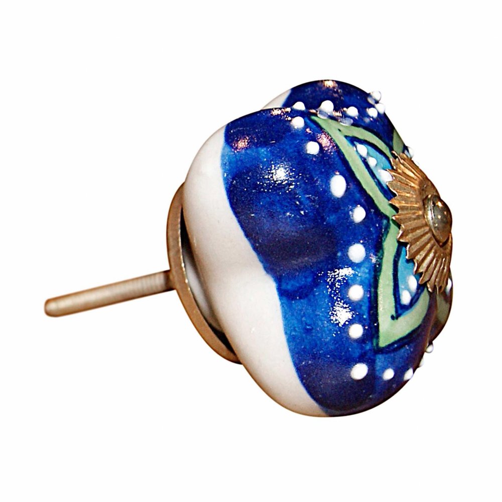 Set of Eight Blue And Green Floral Ceramic Drawer Pull Knobs