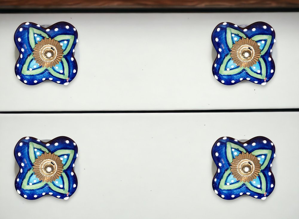 Set of Eight Blue And Green Floral Ceramic Drawer Pull Knobs
