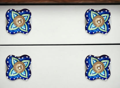 Set of Eight Blue And Green Floral Ceramic Drawer Pull Knobs