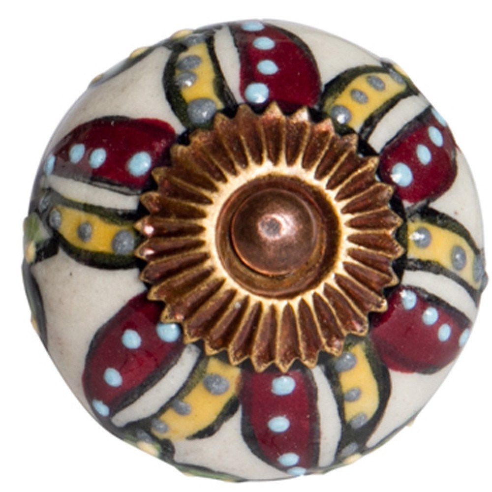 Set of Eight Red And Yellow Botanical Ceramic Drawer Pull Knobs