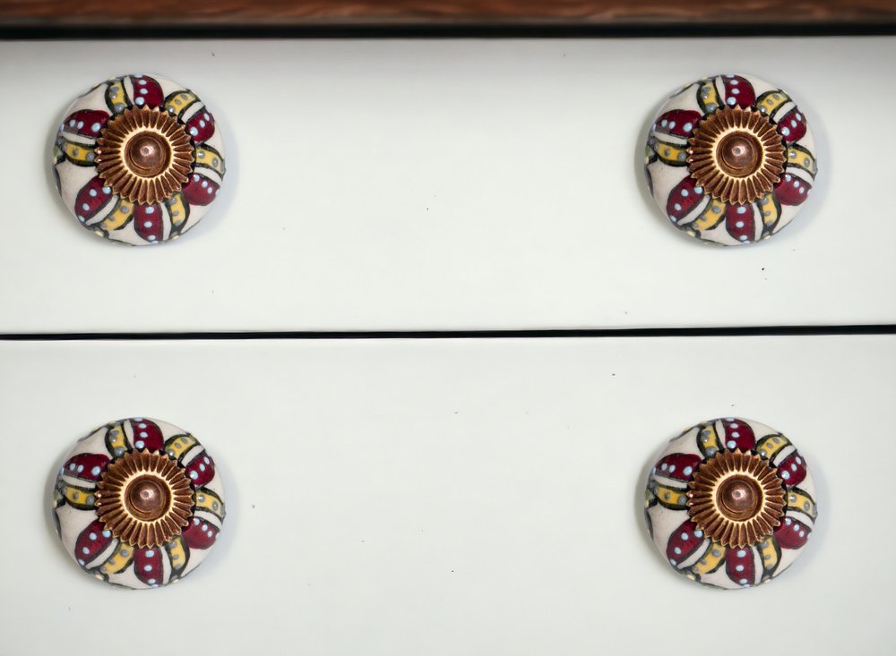 Set of Eight Red And Yellow Botanical Ceramic Drawer Pull Knobs