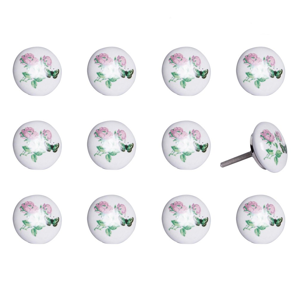 Set of Twelve Pink White And Green Floral Ceramic Drawer Pull Knobs