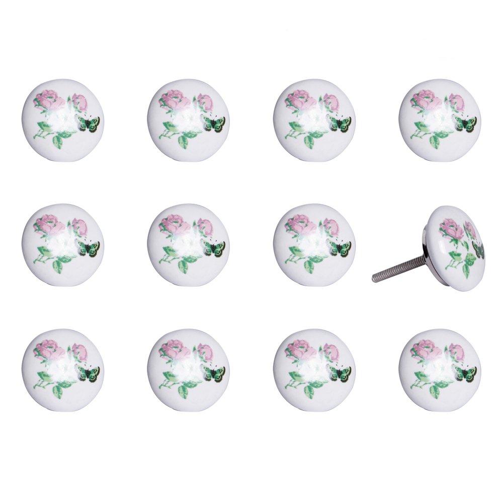 Set of Twelve Pink White And Green Floral Ceramic Drawer Pull Knobs