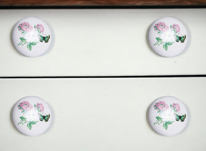 Set of Twelve Pink White And Green Floral Ceramic Drawer Pull Knobs