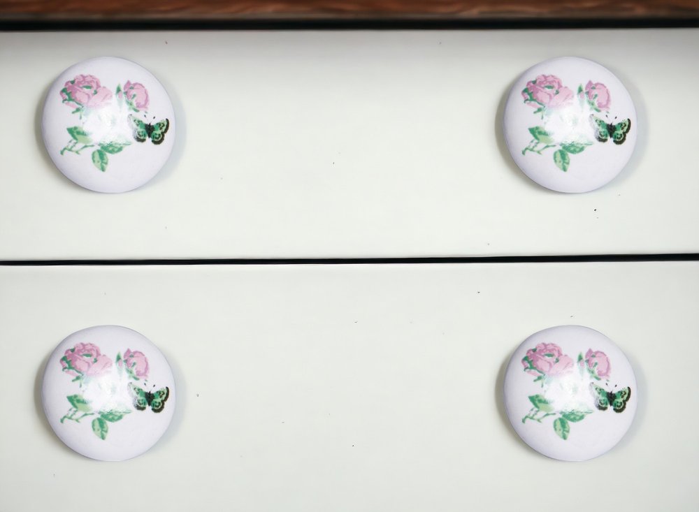 Set of Twelve Pink White And Green Floral Ceramic Drawer Pull Knobs