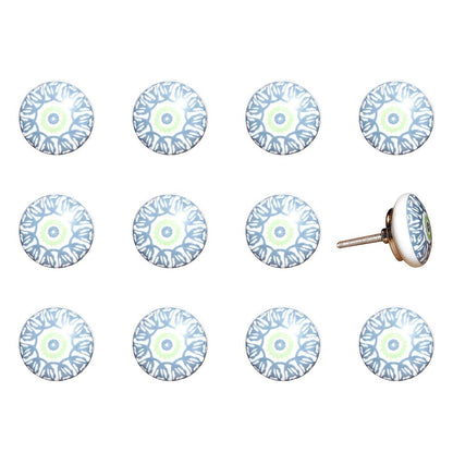 Set of Twelve White And Light Blue Metal And Ceramic Drawer Pull Knobs