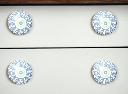 Set of Twelve White And Light Blue Metal And Ceramic Drawer Pull Knobs