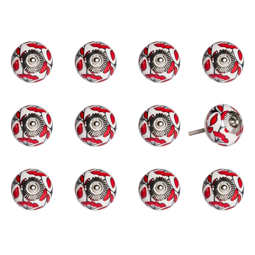 Set of Twelve Red And White Ceramic Drawer Pull Knobs