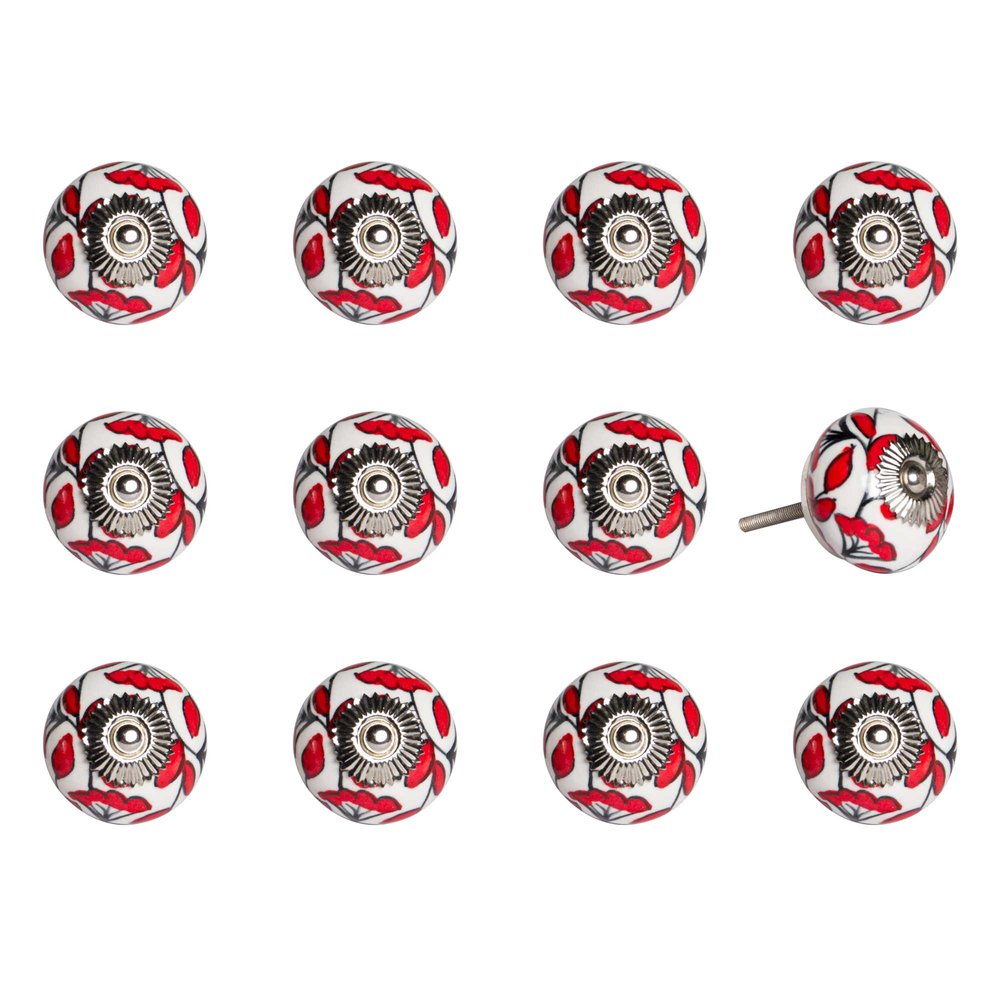 Set of Twelve Red And White Ceramic Drawer Pull Knobs