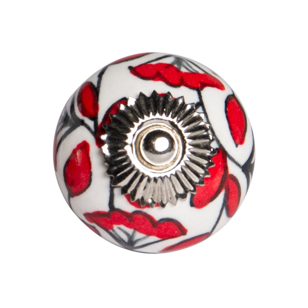Set of Twelve Red And White Ceramic Drawer Pull Knobs