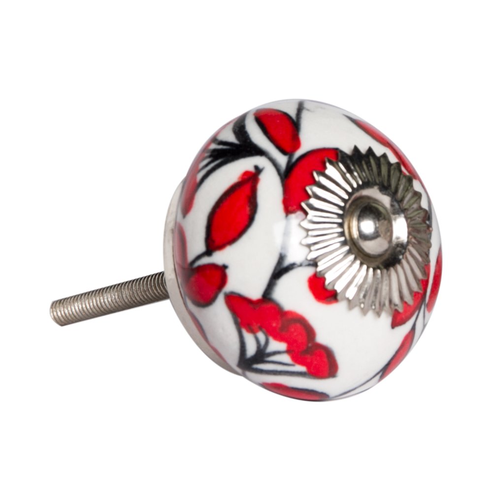 Set of Twelve Red And White Ceramic Drawer Pull Knobs