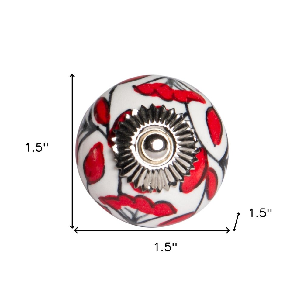 Set of Twelve Red And White Ceramic Drawer Pull Knobs