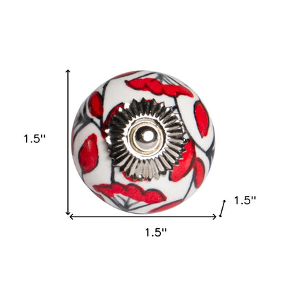 Set of Twelve Red And White Ceramic Drawer Pull Knobs