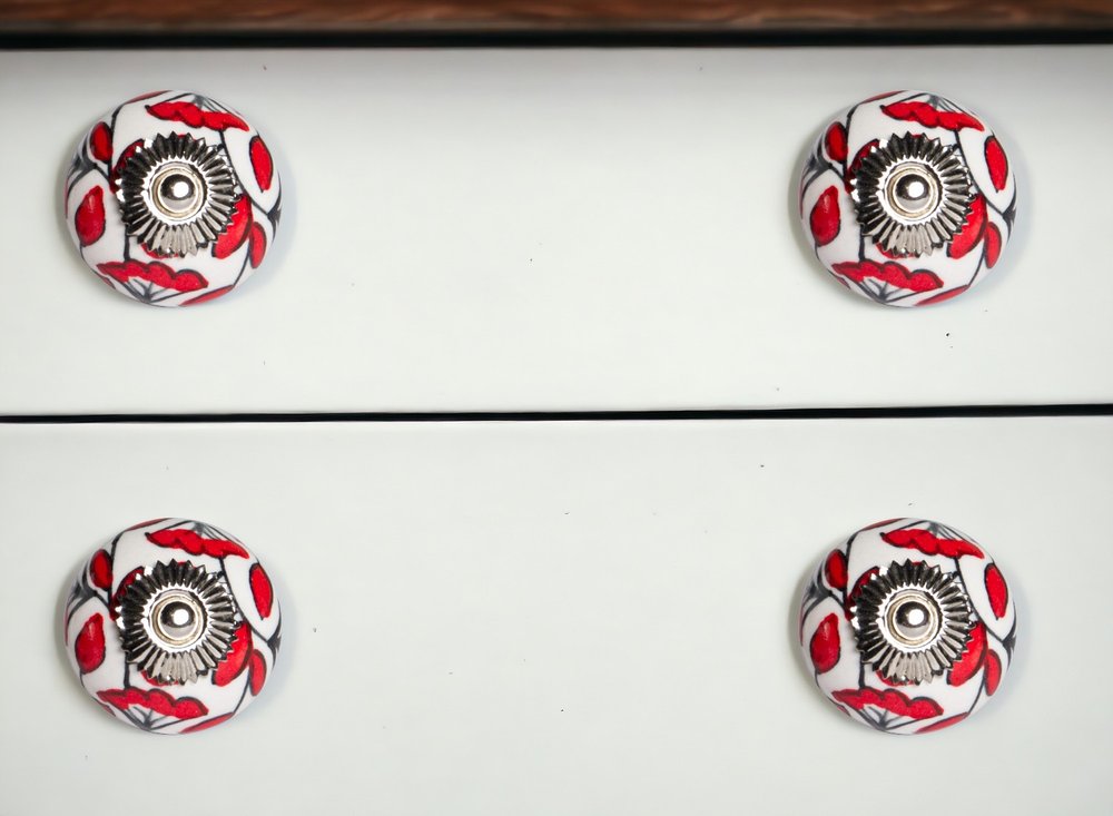 Set of Twelve Red And White Ceramic Drawer Pull Knobs