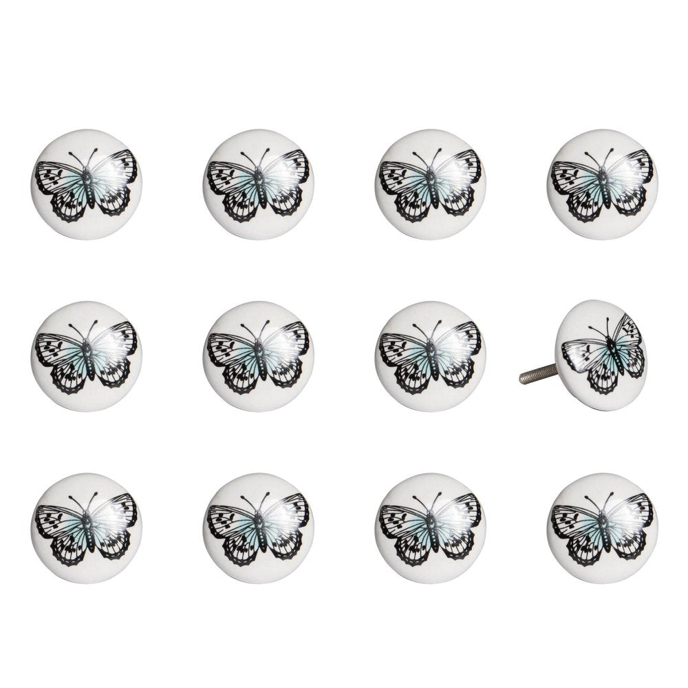 Set of Twelve Black And White Botanical Ceramic Drawer Pull Knobs