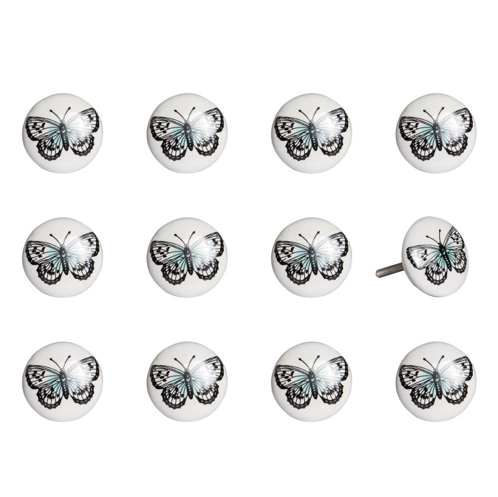 Set of Twelve Black And White Botanical Ceramic Drawer Pull Knobs