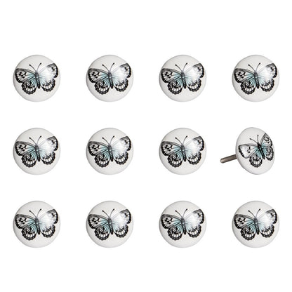 Set of Twelve Black And White Botanical Ceramic Drawer Pull Knobs