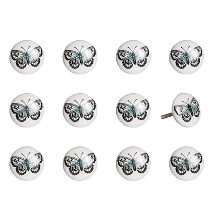 Set of Twelve Black And White Botanical Ceramic Drawer Pull Knobs