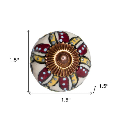 Set of Twelve Red And Yellow Botanical Ceramic Drawer Pull Knobs