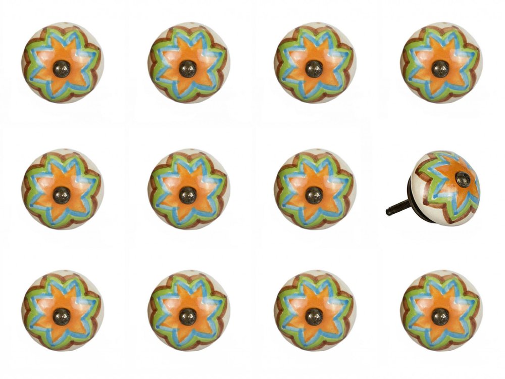 Set of Twelve Green And White Floral Ceramic Drawer Pull Knobs