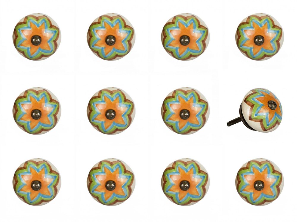 Set of Twelve Green And White Floral Ceramic Drawer Pull Knobs