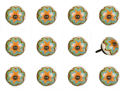 Set of Twelve Green And White Floral Ceramic Drawer Pull Knobs