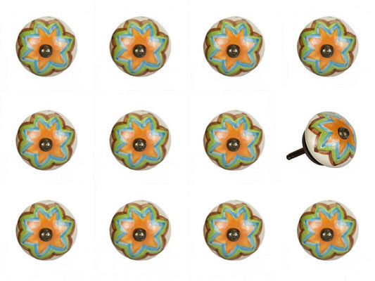 Set of Twelve Green And White Floral Ceramic Drawer Pull Knobs