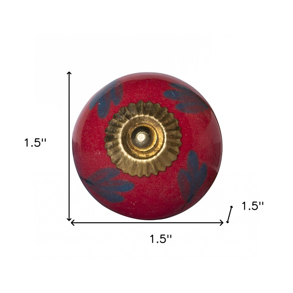 Set of Twelve Blue And Red Floral Ceramic Drawer Pull Knobs