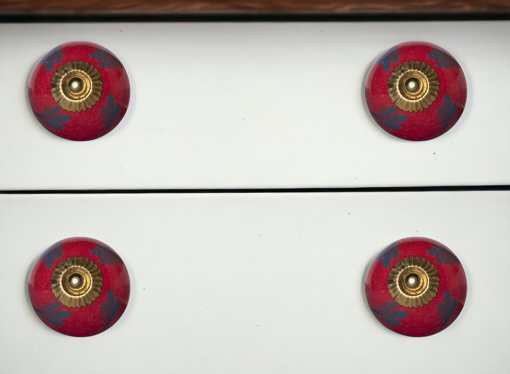 Set of Twelve Blue And Red Floral Ceramic Drawer Pull Knobs
