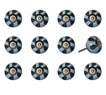 Set of Twelve Blue And Black Geometric Ceramic Drawer Pull Knobs