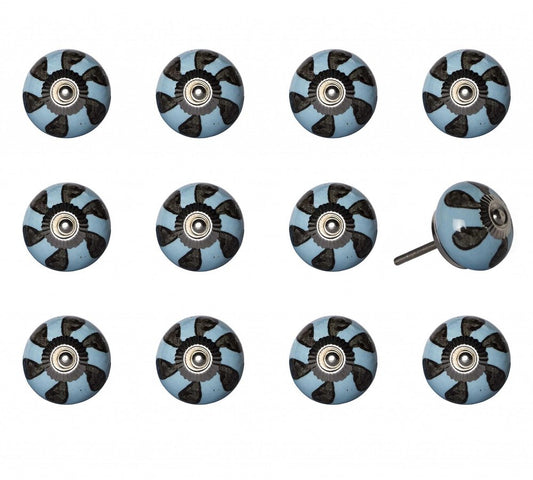 Set of Twelve Blue And Black Geometric Ceramic Drawer Pull Knobs