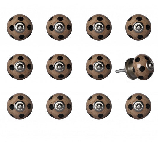 Set of Twelve Brown And Black Geometric Ceramic Drawer Pull Knobs