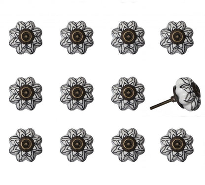 Set of Twelve Black And White Floral Ceramic Drawer Pull Knobs
