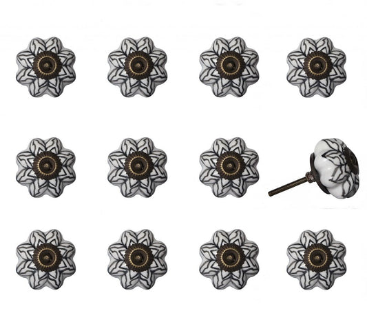 Set of Twelve Black And White Floral Ceramic Drawer Pull Knobs
