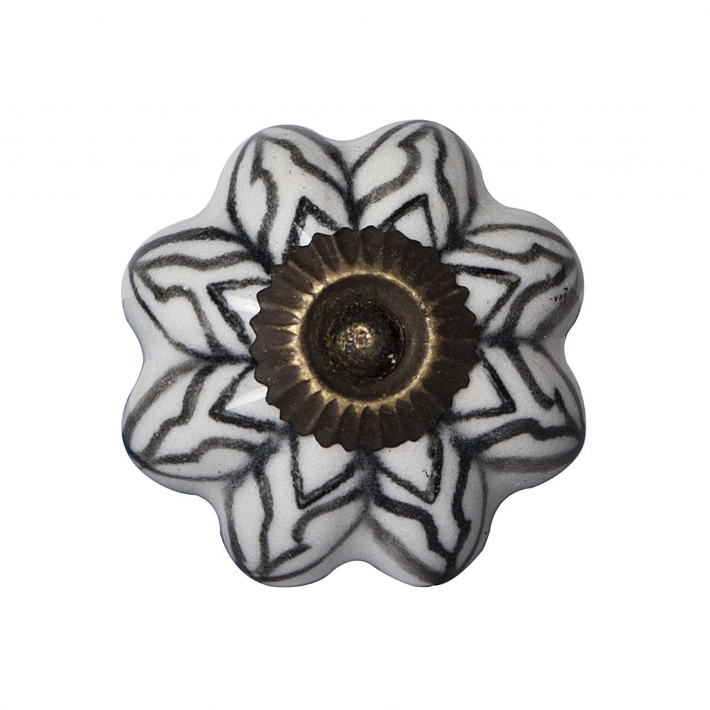 Set of Twelve Black And White Floral Ceramic Drawer Pull Knobs