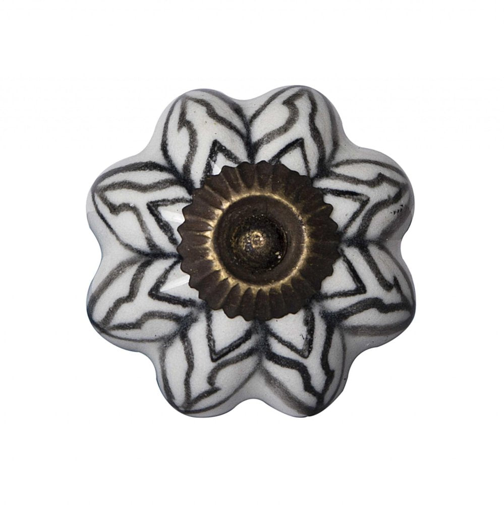 Set of Twelve Black And White Floral Ceramic Drawer Pull Knobs